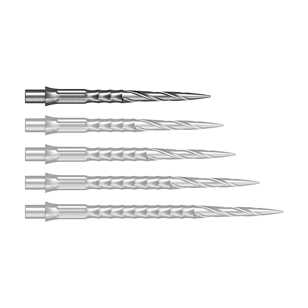 Das Bild zeigt wahrscheinlich eine 28 mm lange Steeldartspitze aus Silber. Die Spitze ist Teil des Caliburn Evo Systems und trägt die Bezeichnung Spiro NoLip.