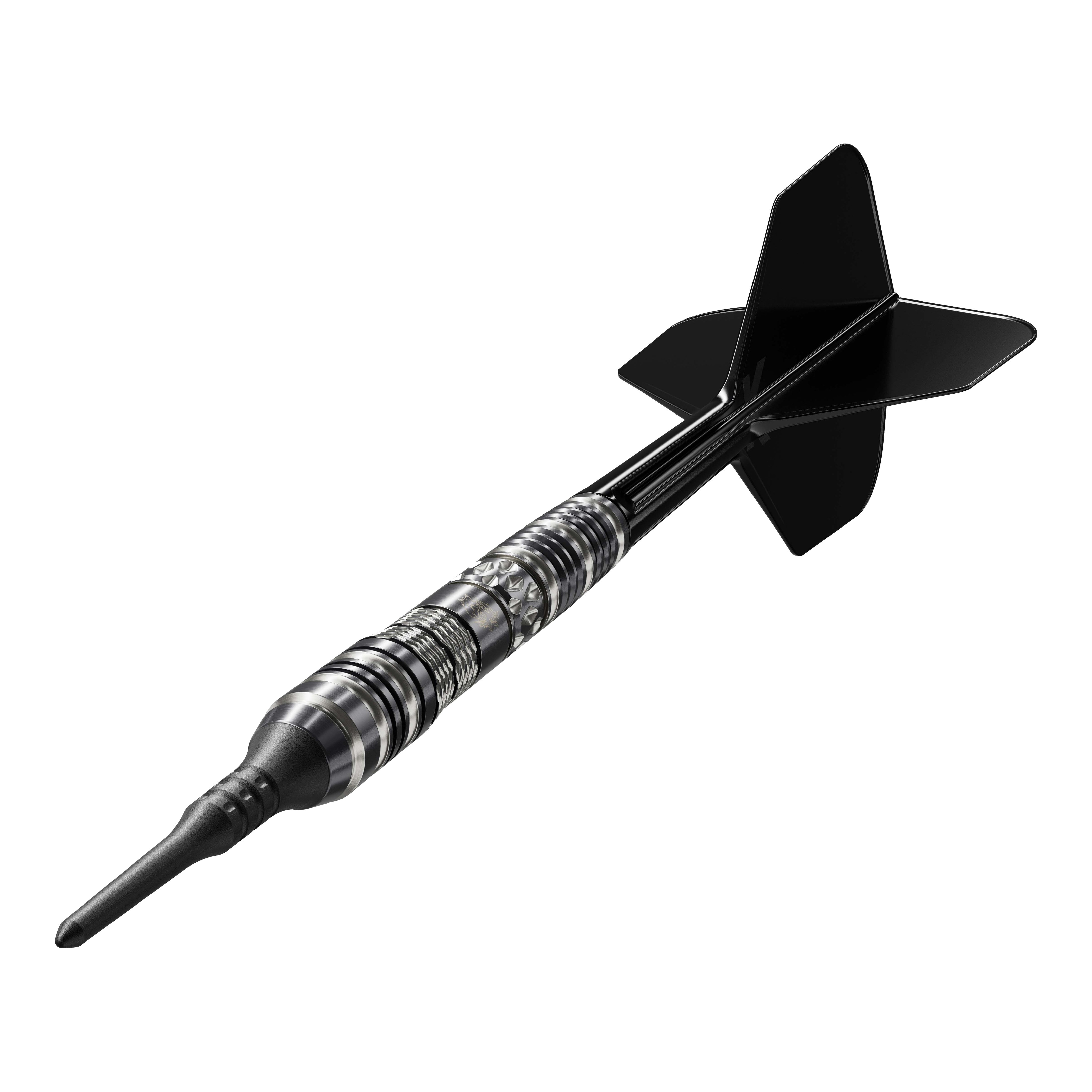 Das Bild zeigt einen schwarzen Softdart mit elegantem silbernen Muster. Es handelt sich um das Modell "Target Japan Black Marque Dragon 3 Softdarts - 18g".