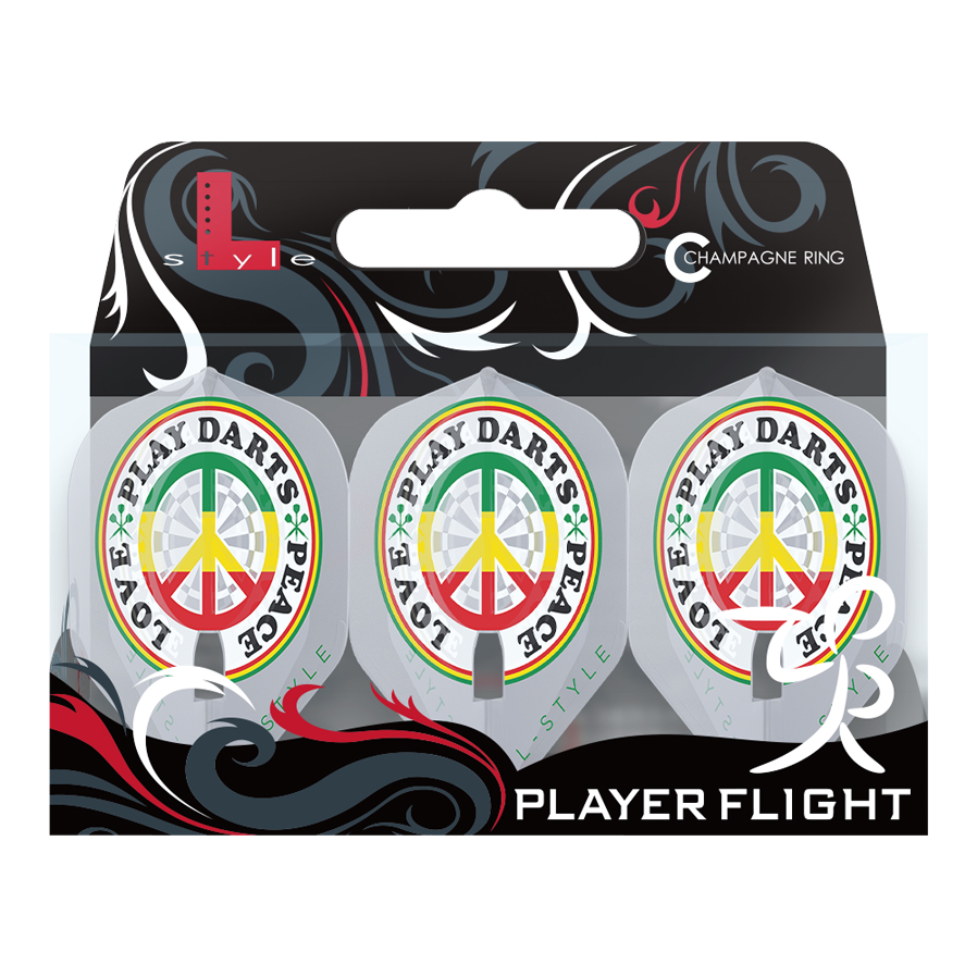 Das Bild zeigt die L-Style Deta Hedman V4 Clear White L1PRO Flights für Dartpfeile in einer Verpackung. Auf den Flights ist ein buntes Friedenszeichen mit den Worten "PLAY DARTS * PEACE * LOVE" abgebildet.