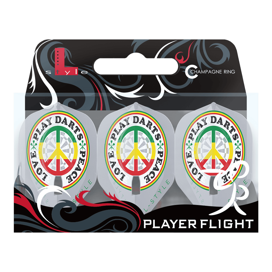 L-Style Deta Hedman V4 Clear White L1PRO Flights Das Bild zeigt die L-Style Deta Hedman V4 Clear White L1PRO Flights für Dartpfeile in einer Verpackung. Auf den Flights ist ein buntes Friedenszeichen mit den Worten "PLAY DARTS * PEACE * LOVE" abgebildet.
