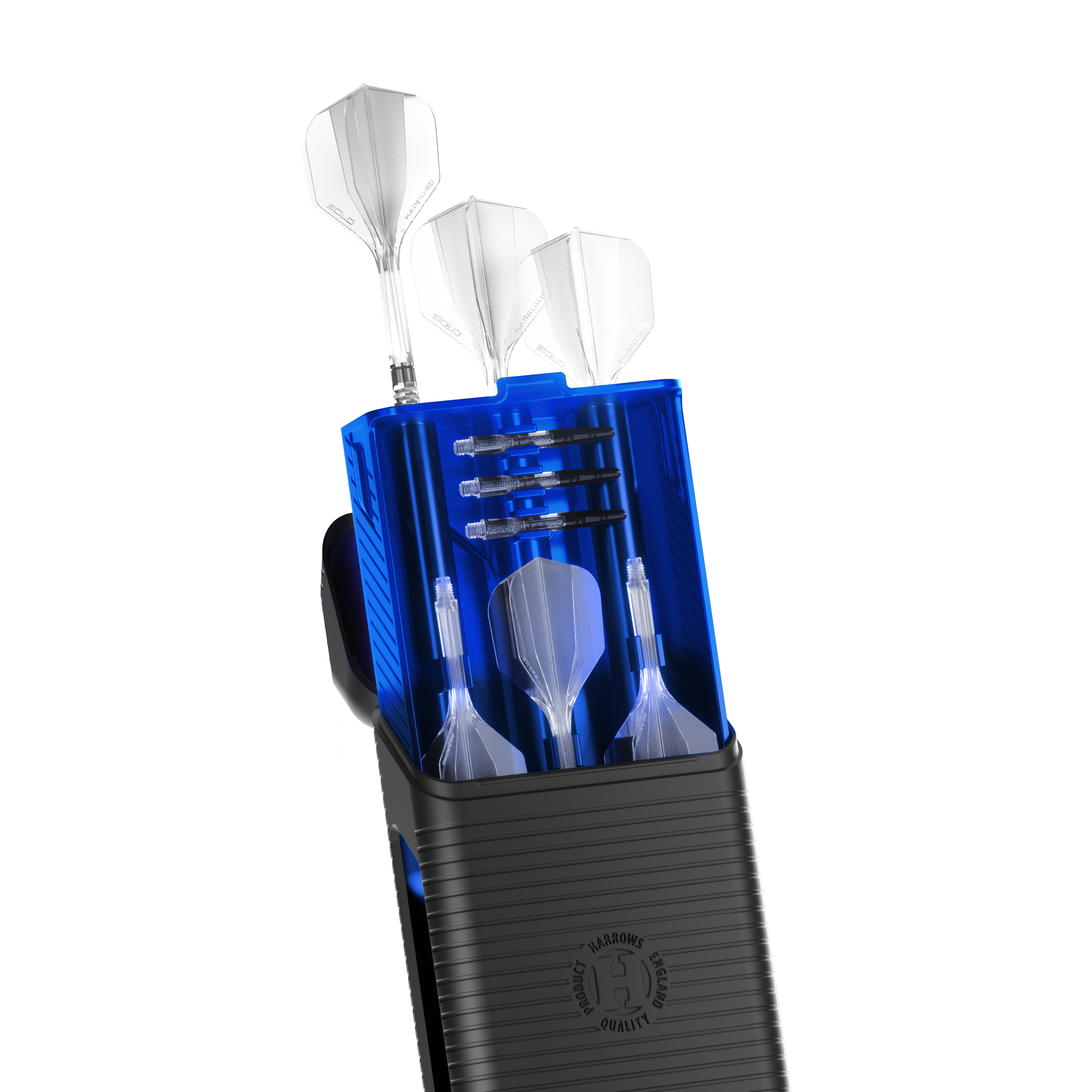 Harrows Vault Dartcase Eine blaue Darttasche namens Harrows Vault ist abgebildet. Die Tasche ist geschlossen und wird von oben gezeigt.