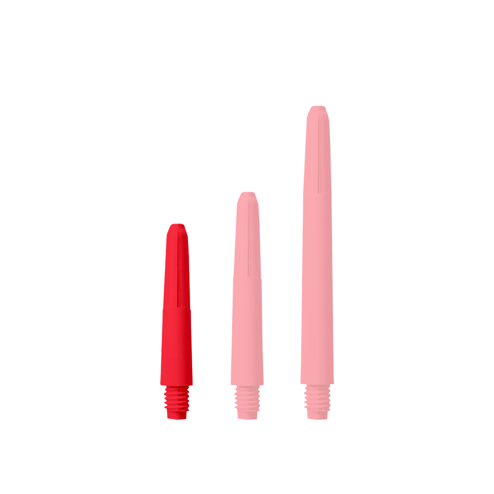 569_Nylon_Shafts_Rot_28mm_1u21CkwMWJifGD Das Bild zeigt drei rote Nylon-Schäfte in unterschiedlichen Längen. Sie haben alle ein Gewinde am unteren Ende.