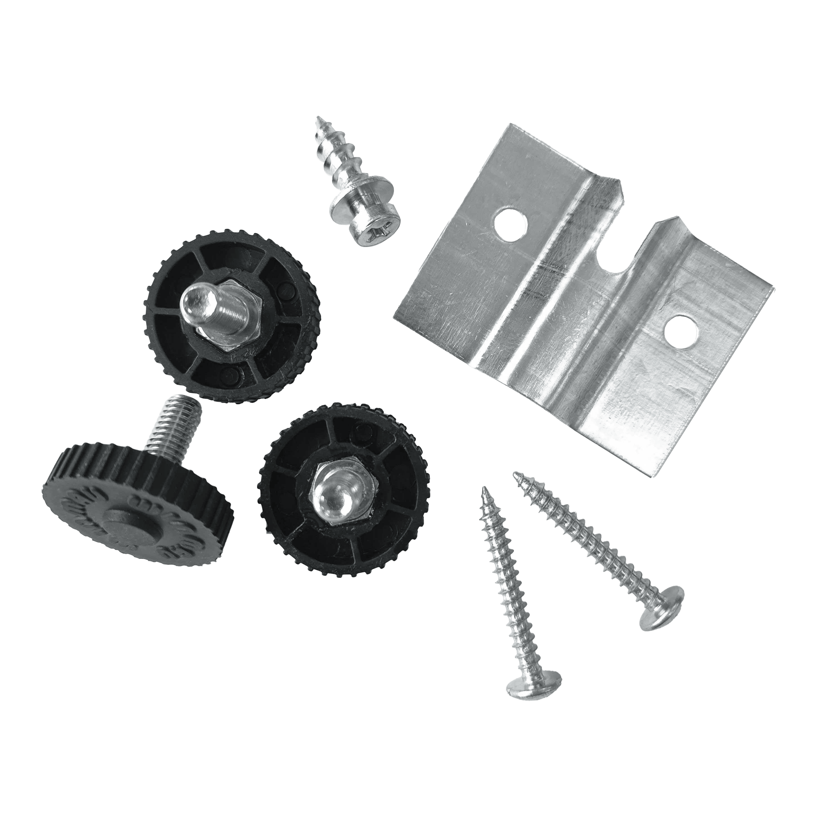 Winmau Rota-Lock Blade 6 wall mount Das Bild zeigt das Winmau Rota-Lock Blade 6 Wandhalterungs-Set mit Schrauben, Kunststoffrädern und einer Metallhalterung. Es sind alle benötigten Teile zur Befestigung eines Dartboards an der Wand abgebildet.
