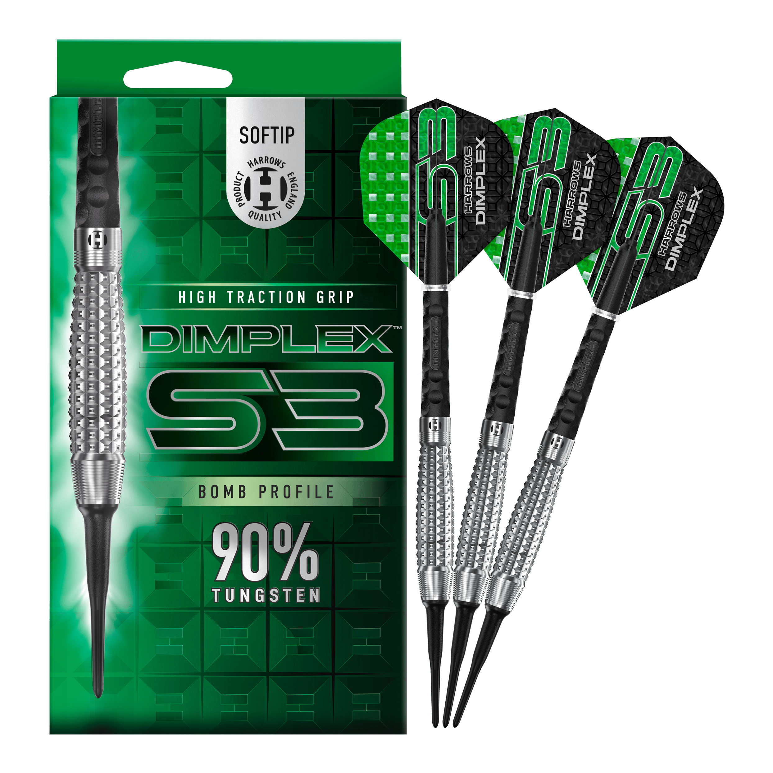 Harrows Dimplex S3 Bomb soft darts Auf dem Bild sind die Harrows Dimplex S3 Bomb Softdarts und ihre Verpackung zu sehen. Die Darts haben einen hohen Grip und bestehen zu 90% aus Tungsten.