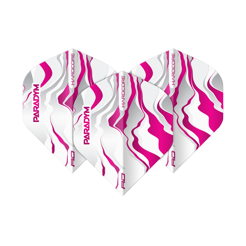 Das Bild zeigt ein Set Red Dragon Hardcore Premium Paradym Pink Premium No2 Standard Flights. Diese Flights bieten hervorragende Flugeigenschaften und eine hochwertige Verarbeitung.