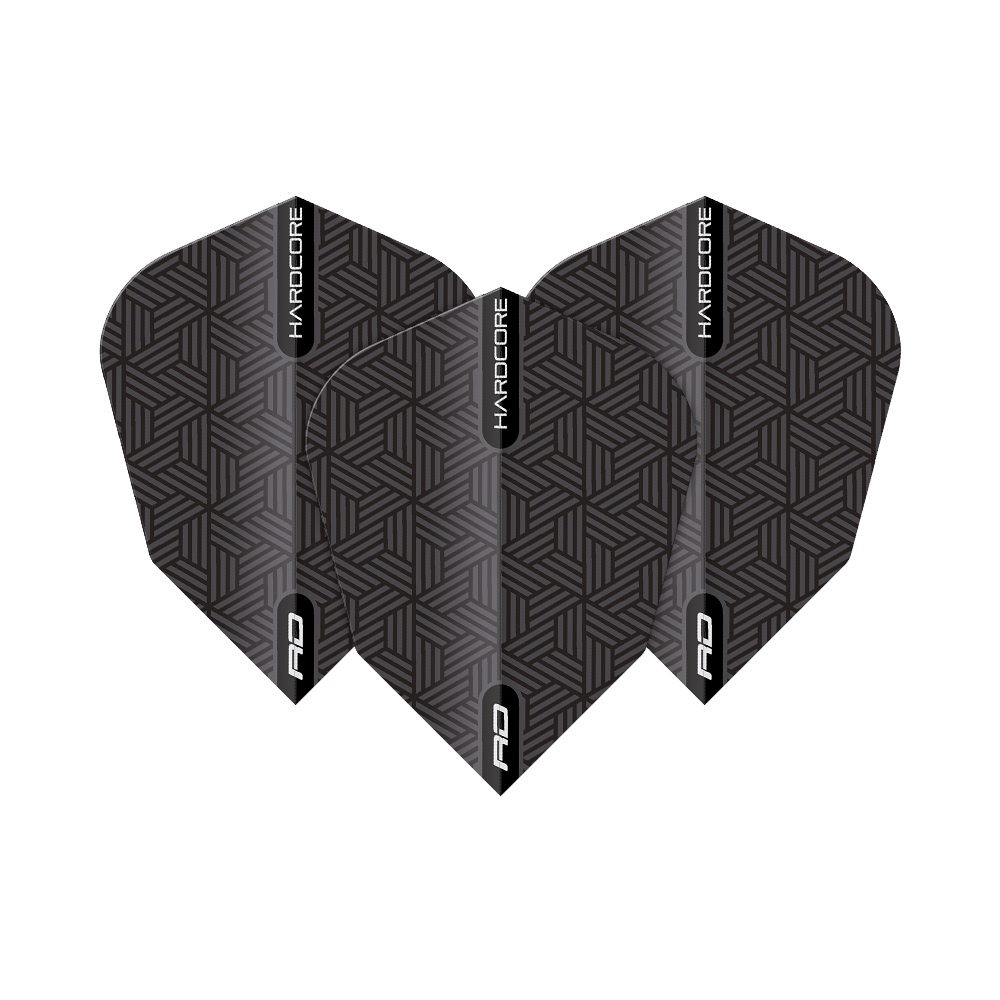 TF6849_Red_Dragon_Black_V-Standard_Flights_1z0kG28TQf5zlU Das Bild zeigt die Red Dragon Black V-Standard Flights mit einem geometrischen Muster. Die Flights sind hauptsächlich schwarz mit grauen Linien und tragen die Aufschrift "HARDCORE" und "RD".