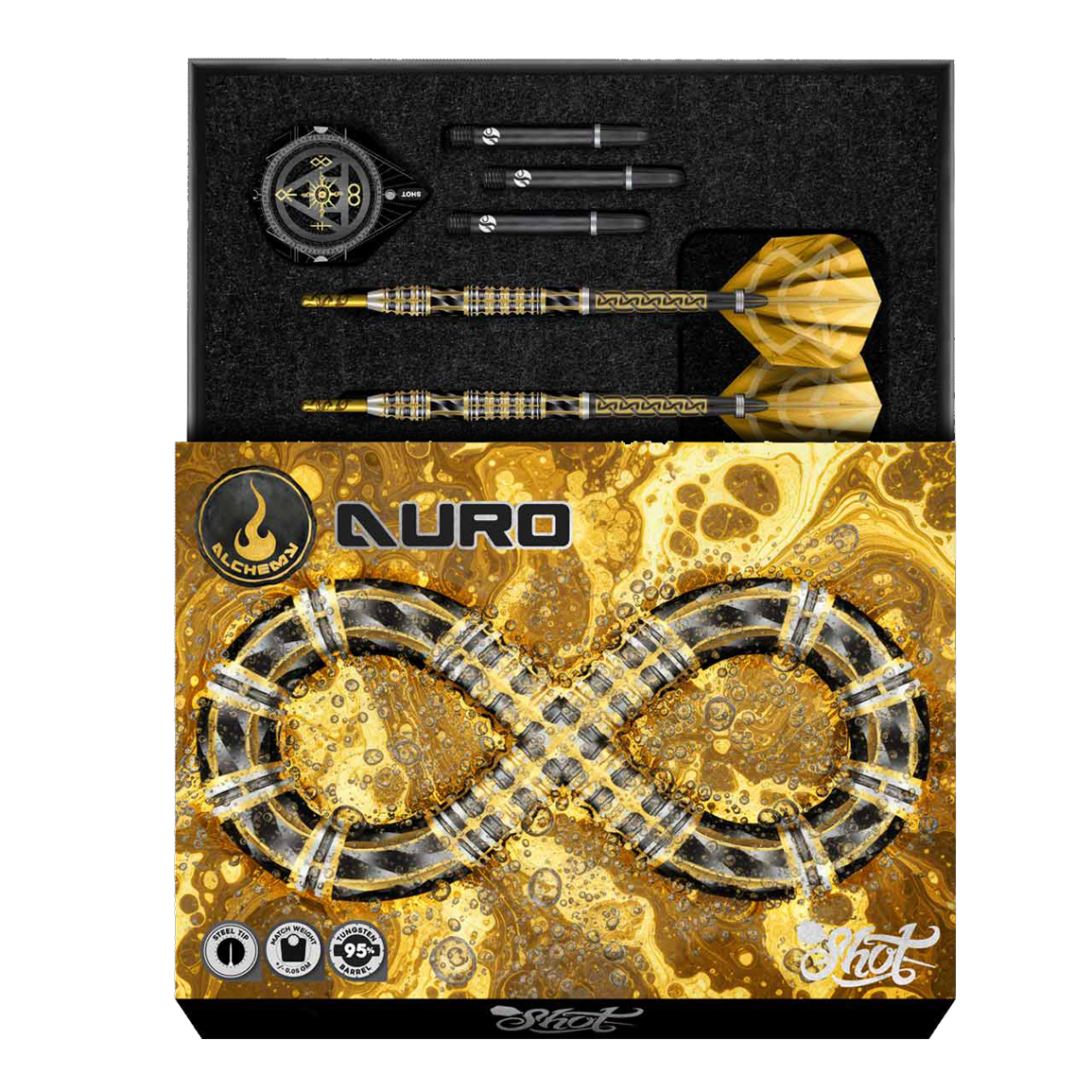 Hier sieht man die Shot Alchemy Auro Softdarts mit 20g Gewicht. Es handelt sich um hochwertige Softdarts für präzises Spielen.