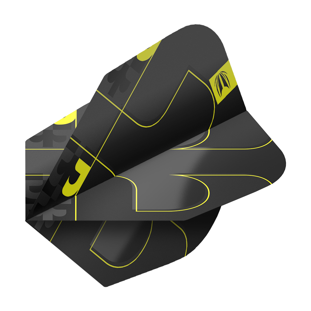 Target ProUltra Bolide Void No6 Flights Das Bild zeigt die Target ProUltra Bolide Void No6 Flights in einem modernen Design. Die Flights sind schwarz mit gelben Linien und grafischen Elementen gestaltet.