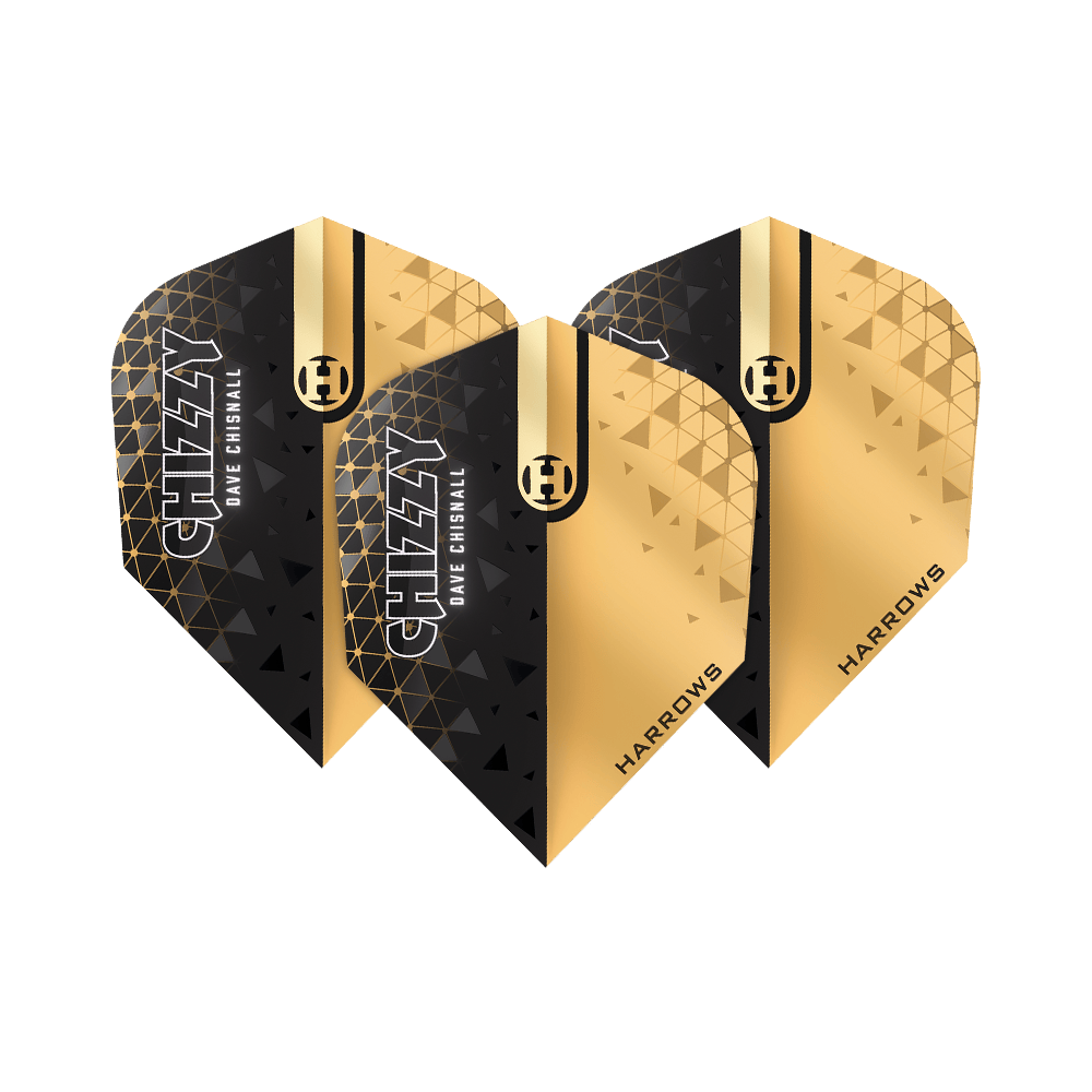 Harrows Prime Dave Chisnall Chizzy 2 No6 Flights Das Bild zeigt die Harrows Prime Dave Chisnall Chizzy 2 No6 Flights. Die Flights sind in Schwarz und Gold gestaltet und tragen die Aufschrift "CHIZZY DAVE CHISNALL" sowie "HARROWS".