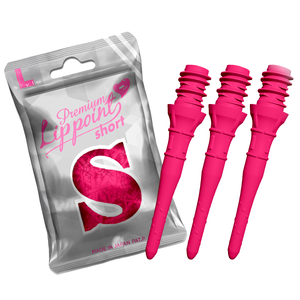 L-Style Premium Lippoints Short (30er Pack) Auf dem Bild ist eine silberne Verpackung mit der Aufschrift „Premium Lipppoint short“ zu sehen. Daneben sind drei kurze, neonpinke Dartspitzen abgebildet.