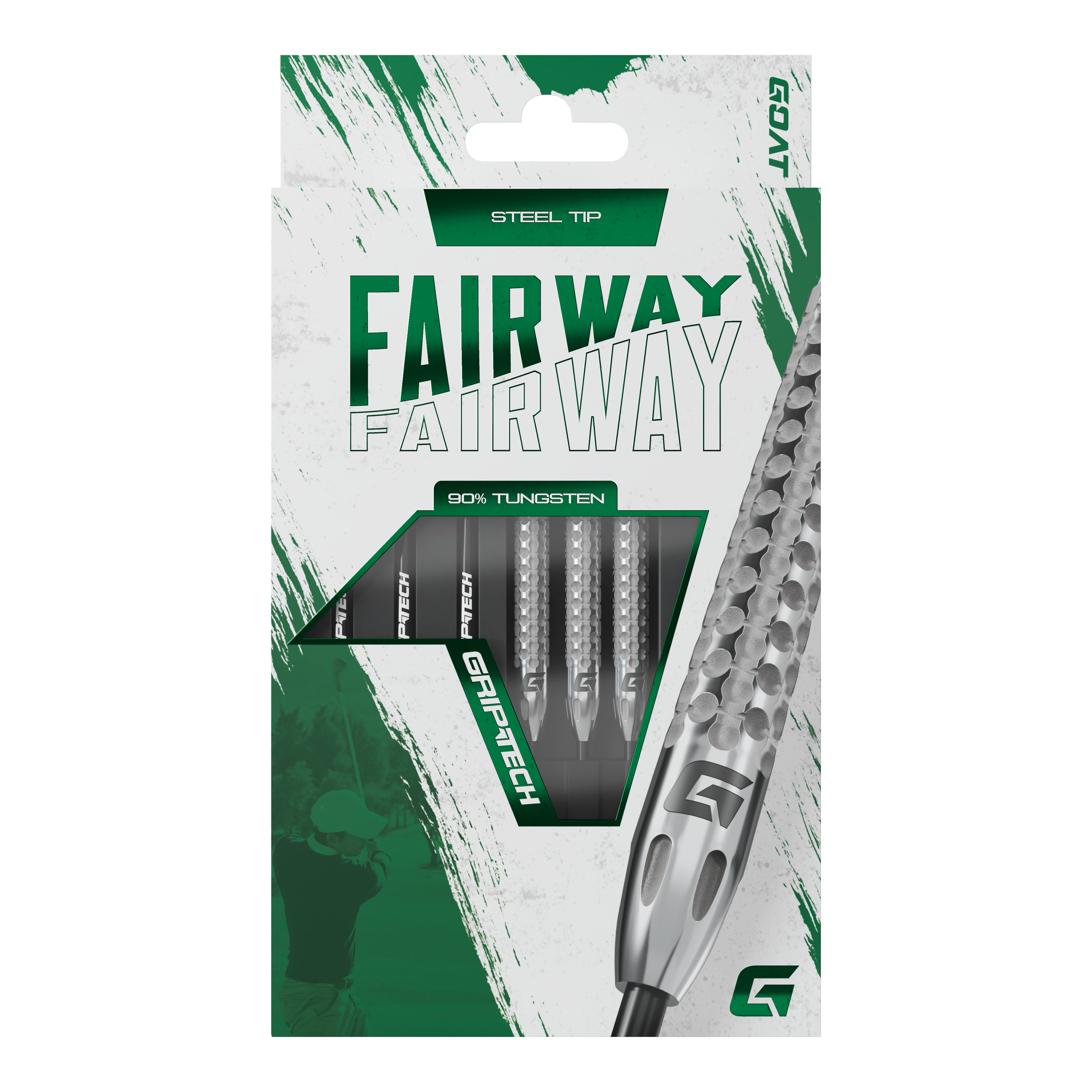 Die Abbildung zeigt die Verpackung der GOAT Fairway V2 Tungsten Steeldarts. Die Darts bestehen zu 90 % aus Tungsten und haben eine Stahspitze.