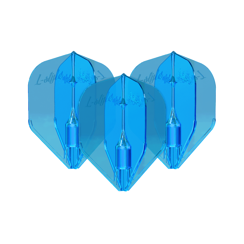 L-Style Fantom L3EZ Flights Blue Das Bild zeigt drei blaue L-Style Fantom L3EZ Flights für Dartpfeile. Sie sind nebeneinander angeordnet und haben eine glänzende Oberfläche.