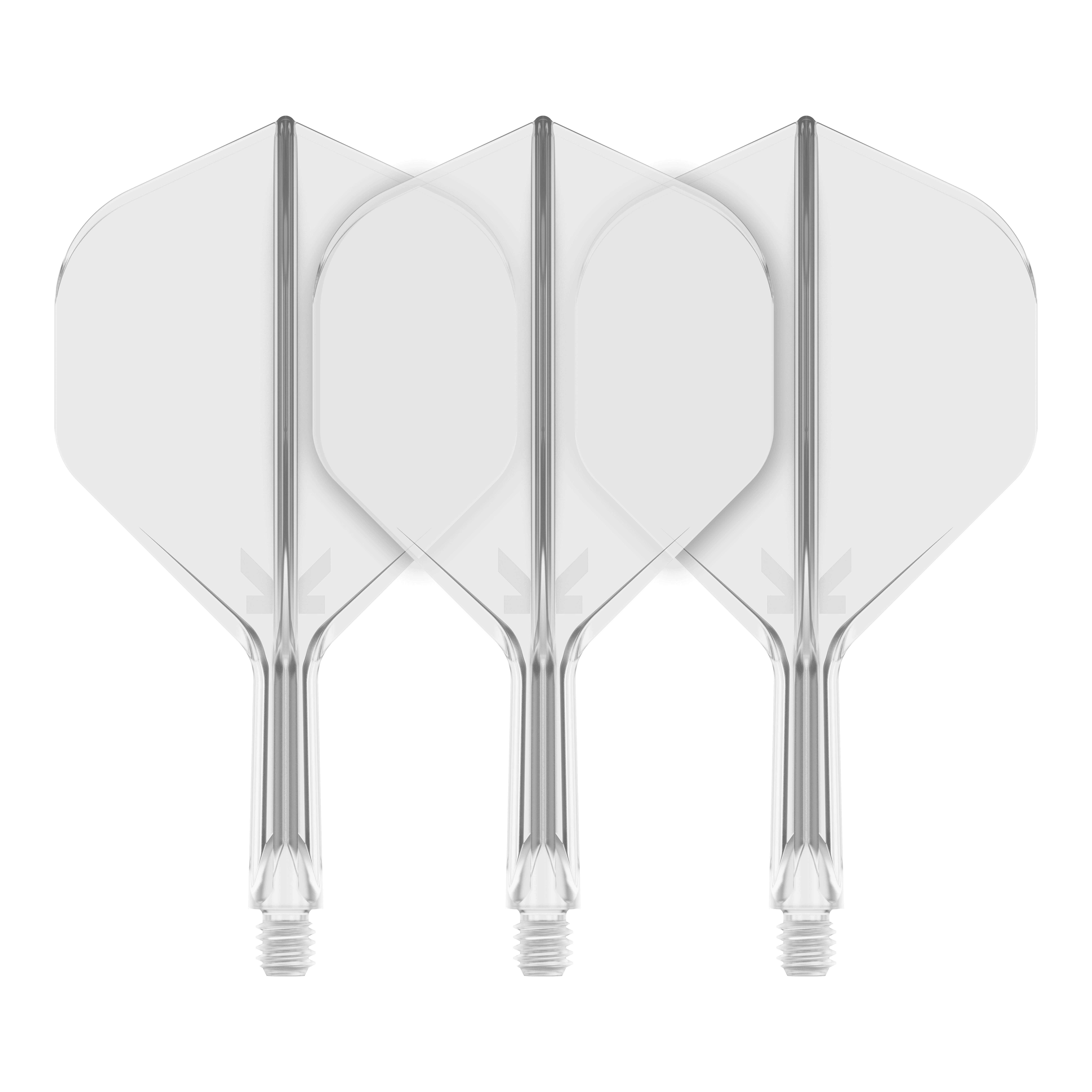 Target K-Flex No2 Standard Flight System - Clear Auf dem Bild sind drei transparente Dart-Flights mit Standardform zu sehen. Sie sind nebeneinander angeordnet und haben klare, glatte Kanten.