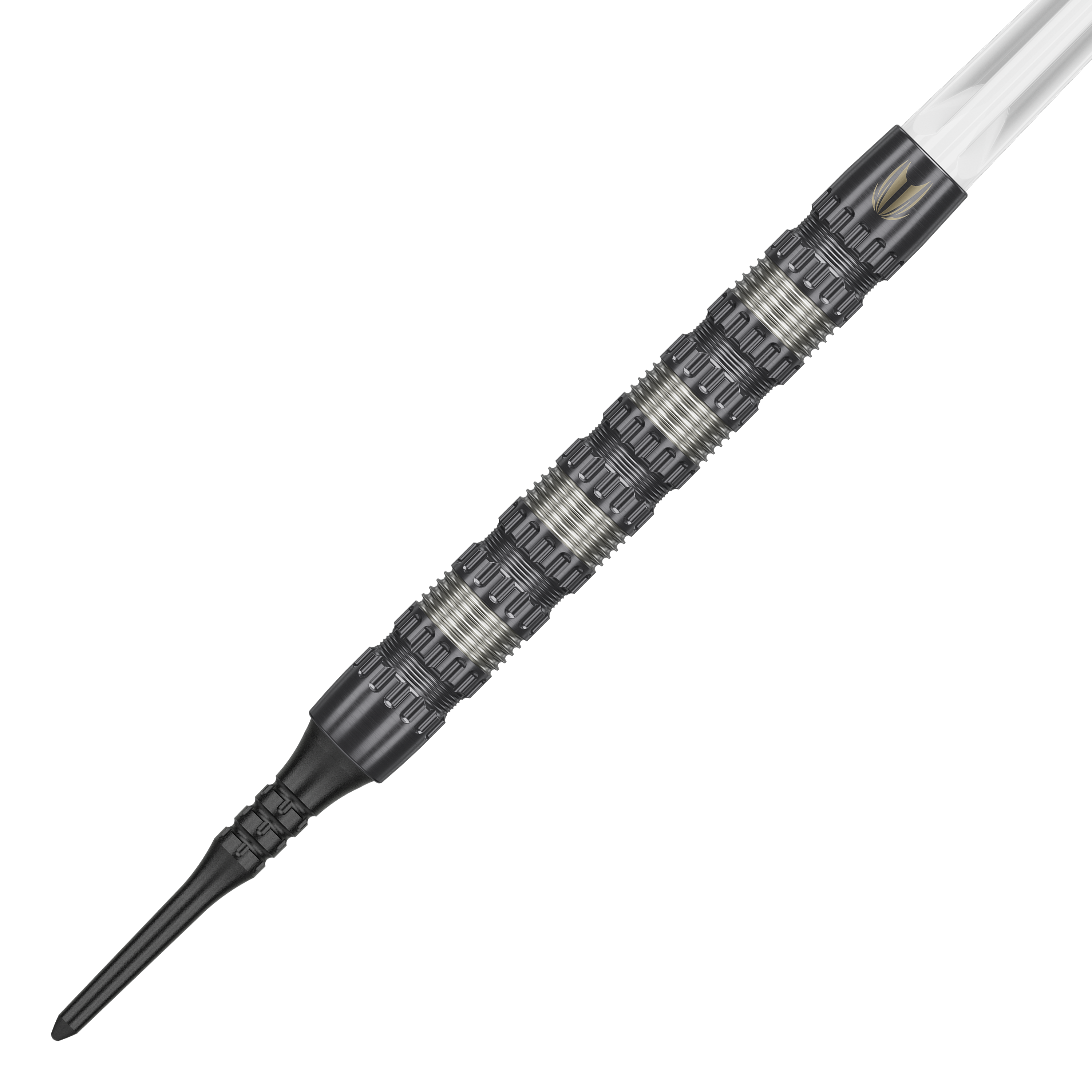 Target Rob Cross 95K Swiss Point Soft Darts - 18g Das Bild zeigt einen Target Rob Cross 95K Swiss Point Softdart mit einem Gewicht von 18 Gramm. Der Dartpfeil hat ein markantes, silber-schwarzes Griffdesign und eine schwarze Softspitze.