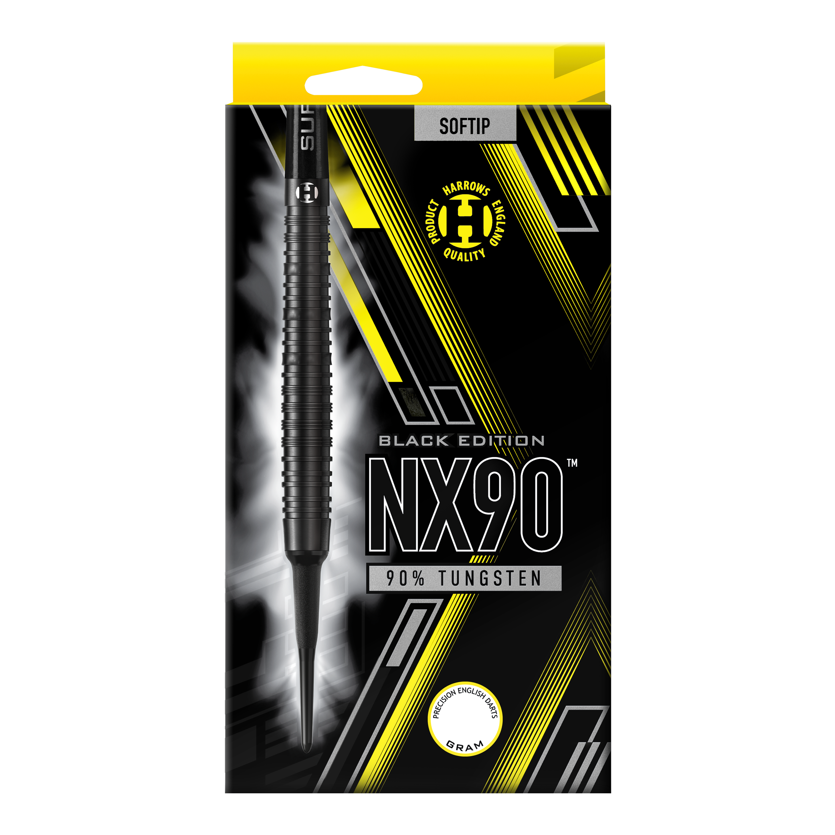 Harrows NX90 Black Edition soft darts Auf dem Bild ist die Verpackung der "Harrows NX90 Black-Edition Softdarts" zu sehen. Die Verpackung ist überwiegend schwarz mit gelben und silbernen Akzenten und zeigt einen Softdart aus 90% Tungsten.