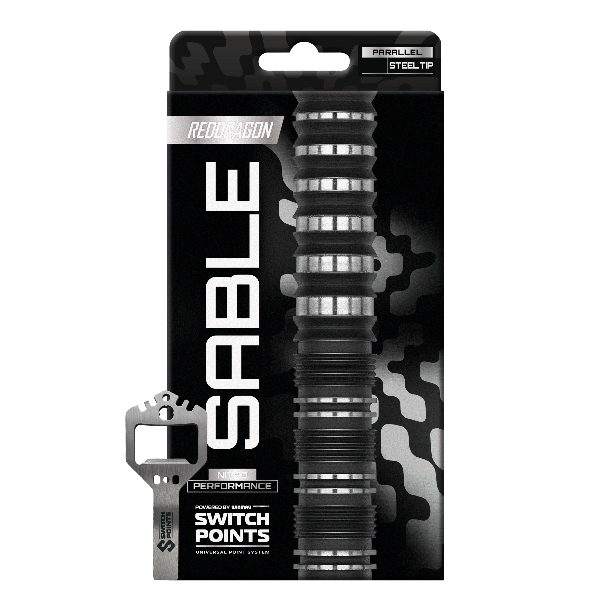 Abgebildet ist ein Satz Red Dragon Sable Parallel Switch Point Steeldarts. Die Darts sind präzise ausbalanciert und ideal für Dartspieler geeignet.