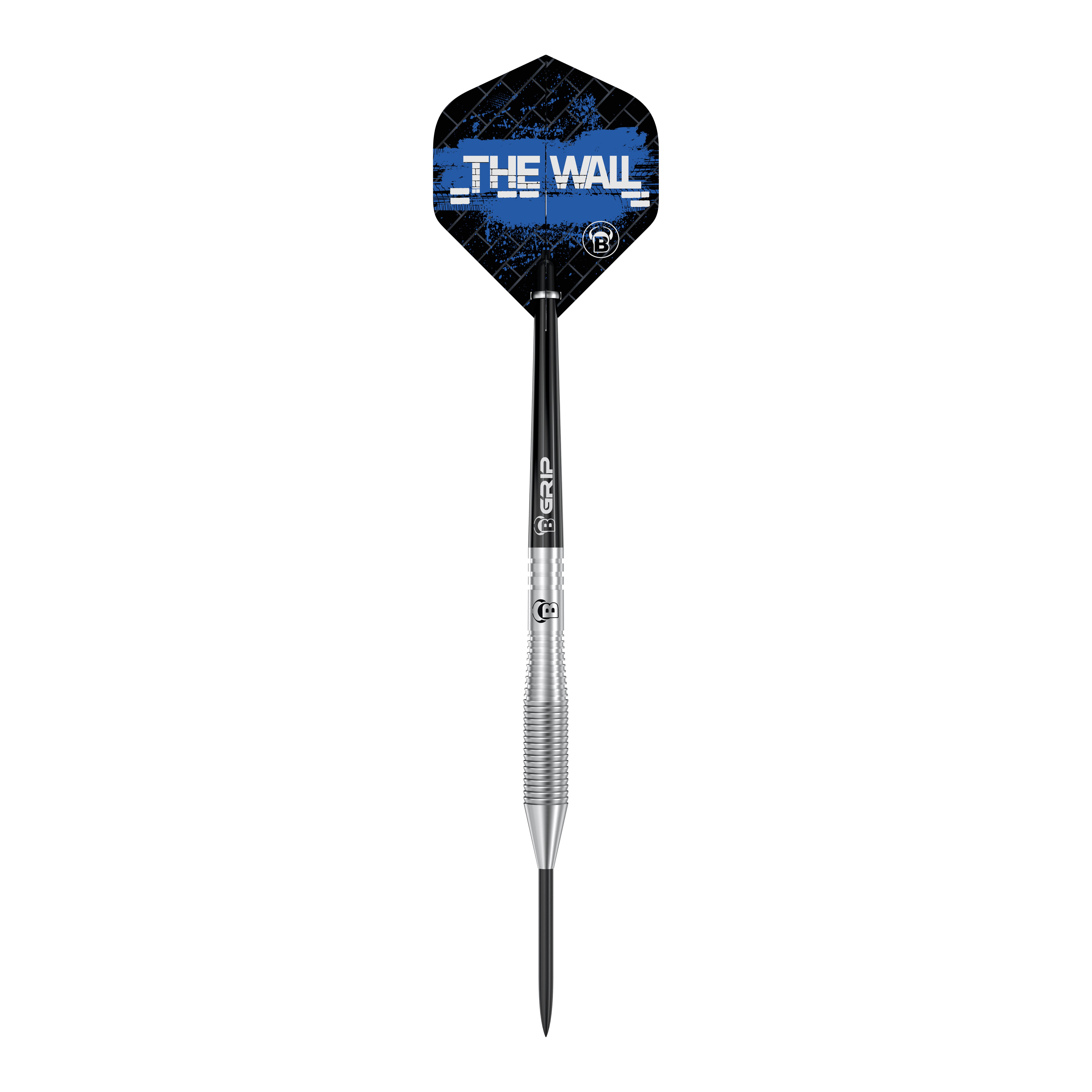 Bulls Martin Schindler TW80 steel darts Das Bild zeigt einen Bull's Martin Schindler TW80 Steeldartpfeil. Auf dem Flight steht in weißer Schrift "THE WALL" vor einem blauen Hintergrund.