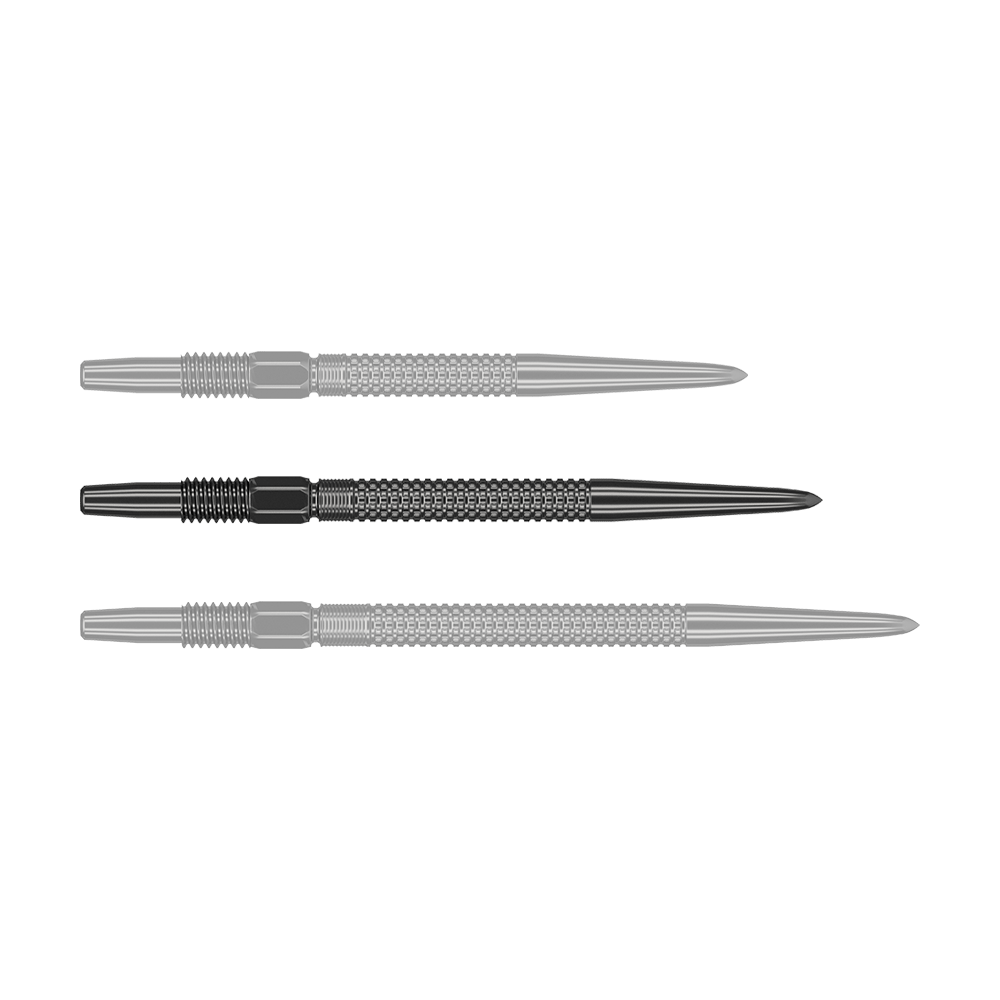 Target Swiss Point Nano Dartspitzen - Black Das Bild zeigt drei schwarze Dartspitzen des Produkts "Target Swiss Point GRD Black Dartspitzen". Sie sind nebeneinander angeordnet und haben eine strukturierte Oberfläche.