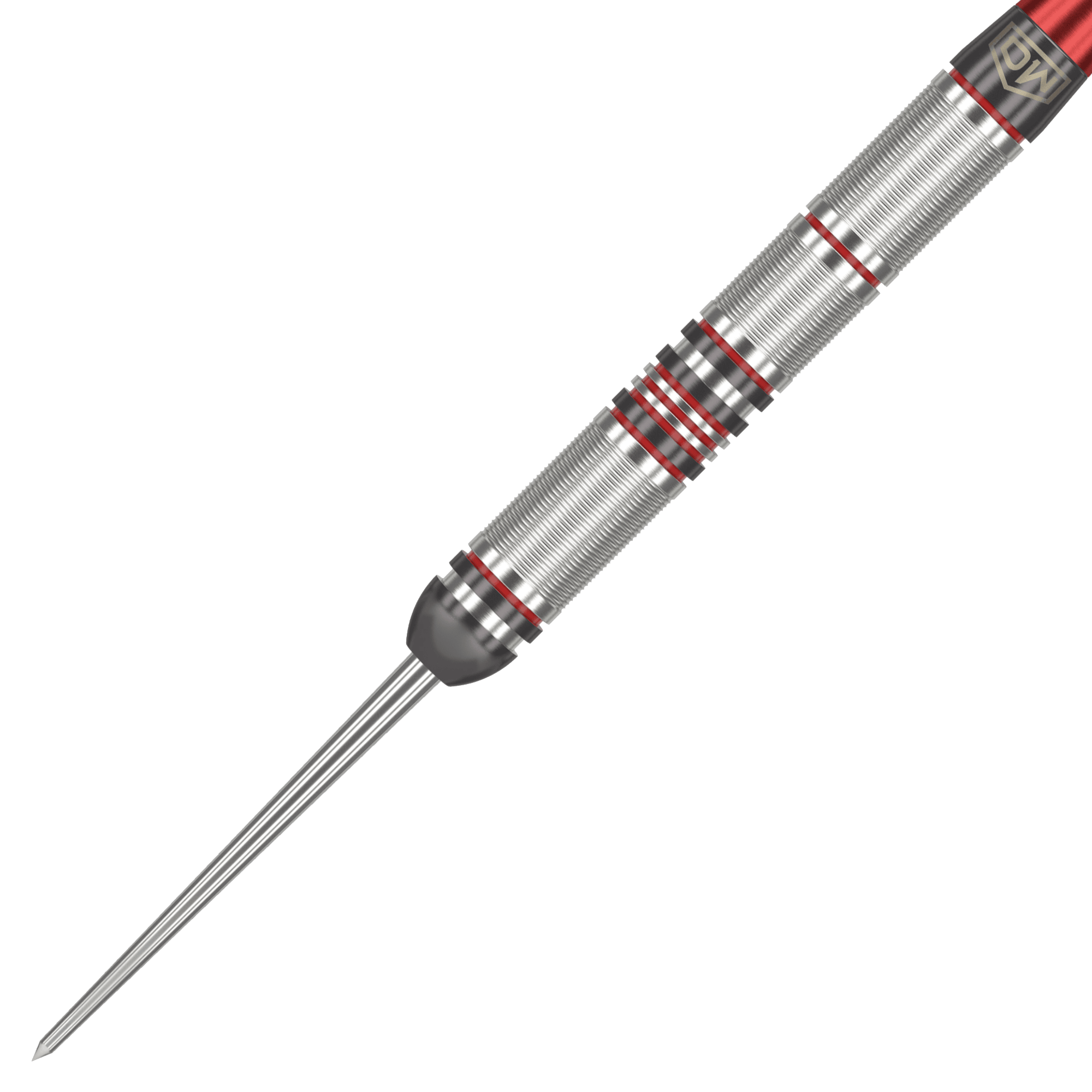 DW Piranha Razor 01 steel darts Das Bild zeigt einen DW Piranha Razor 01 Steeldart. Der Dartpfeil ist silbern mit roten Akzenten und hat eine feine Griffstruktur.