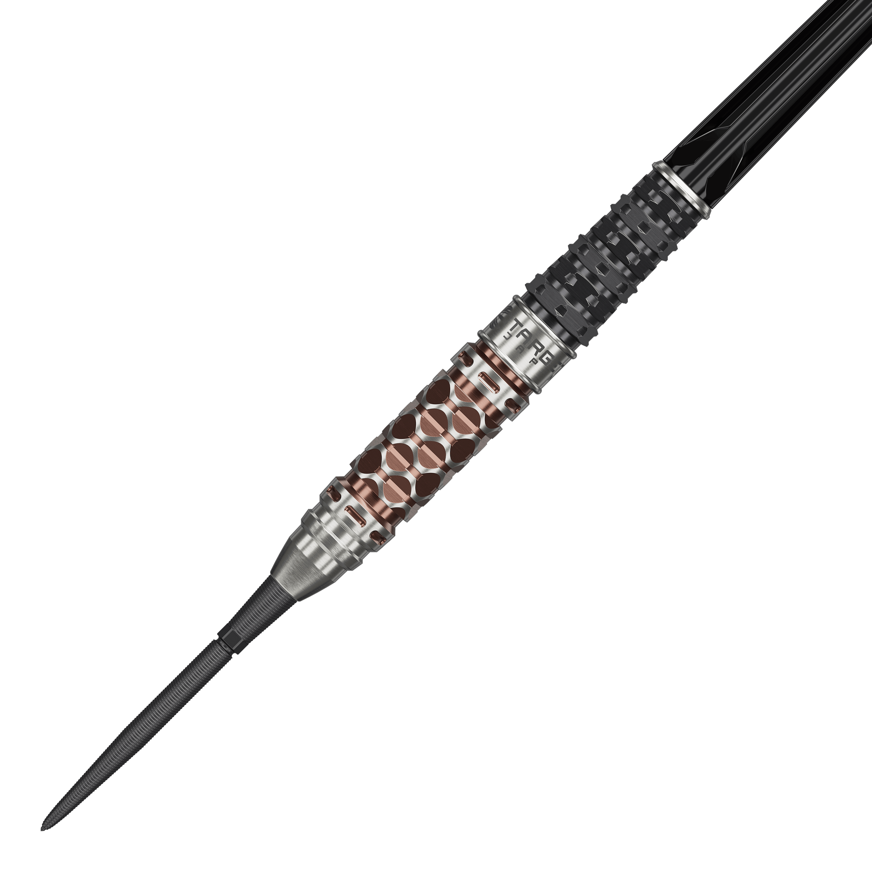 Abgebildet sind die Target Japan Charis GEN6 Swiss Point Steeldarts - 23g. Die spezielle Form und die Details der Darts sind gut zu erkennen.