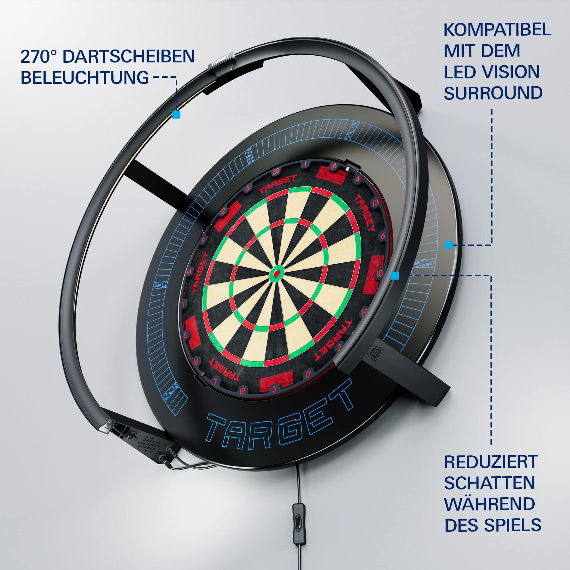 Target Corona Vision 2 lighting system Zu sehen ist das Target Corona Vision 2 Beleuchtungssystem. Die Komponenten sind auf einem Tisch dargestellt.