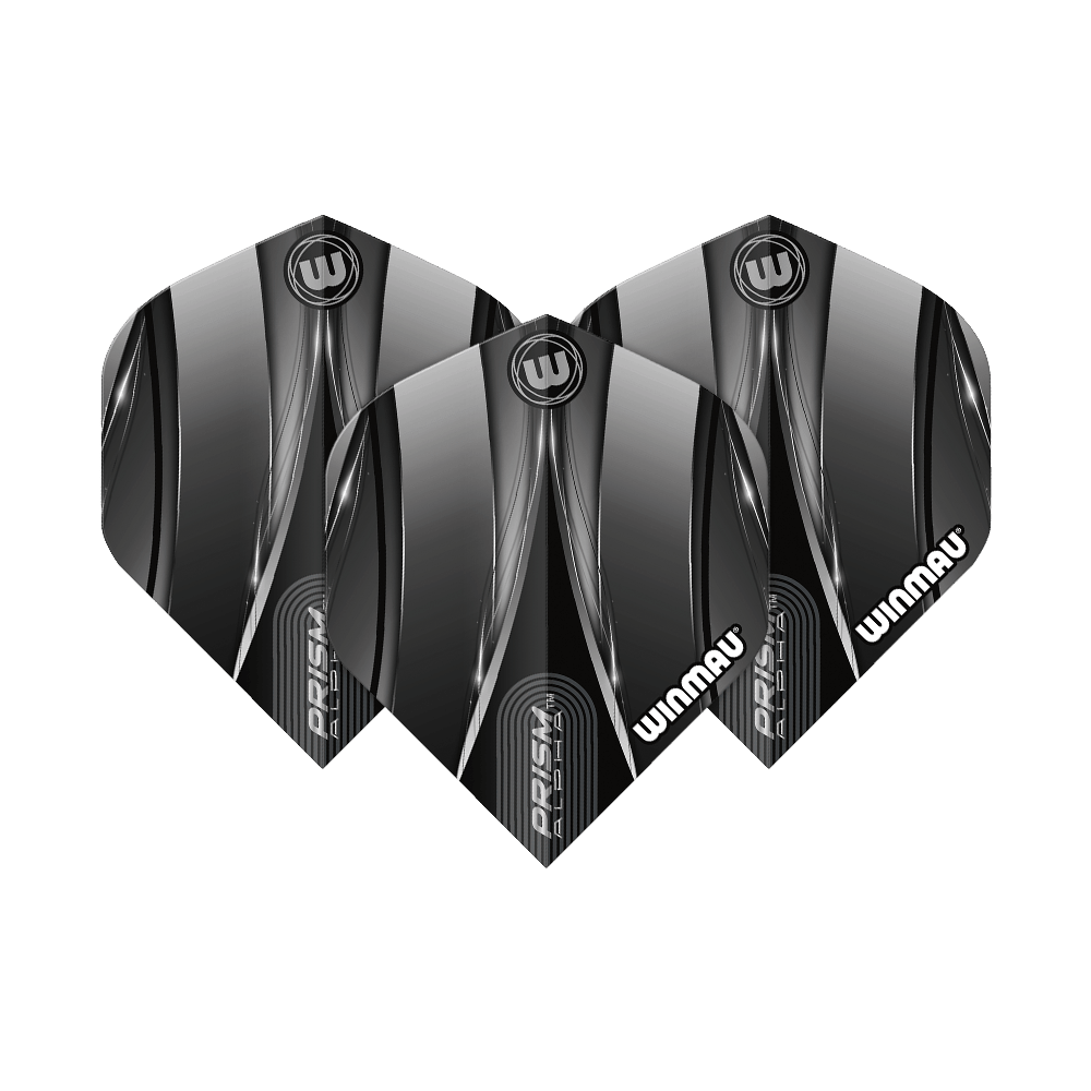 Winmau Alpha Sniper Black Standard Flights Das Bild zeigt drei schwarze Dart-Flights der Marke Winmau mit dem Namen "Alpha Sniper". Die Flights haben ein modernes, glänzendes Design mit silbernen und weißen Akzenten.