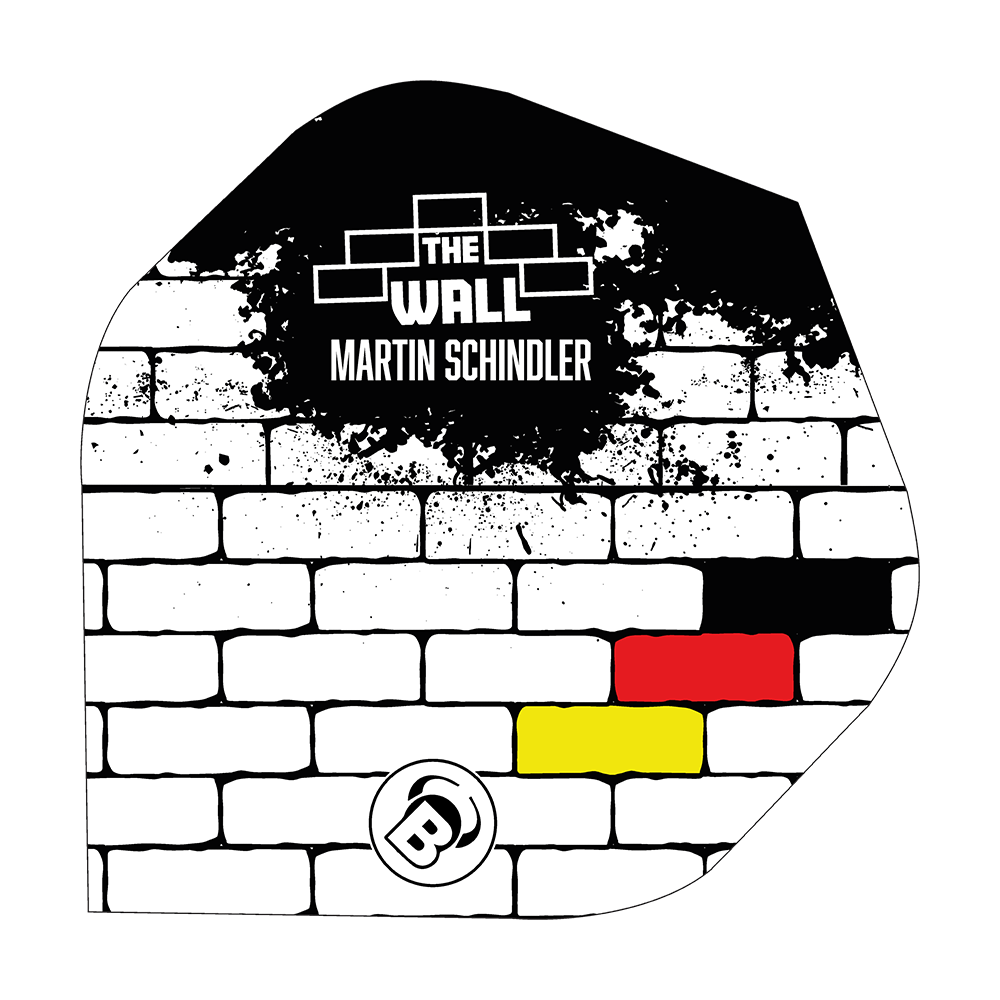 Bulls B-Star Martin Schindler White No2 Standard Flights Das Bild zeigt ein Dart Flight mit einem weißen Ziegelmuster und schwarzen, roten und gelben Farbfeldern. Oben steht der Schriftzug "THE WALL MARTIN SCHINDLER".