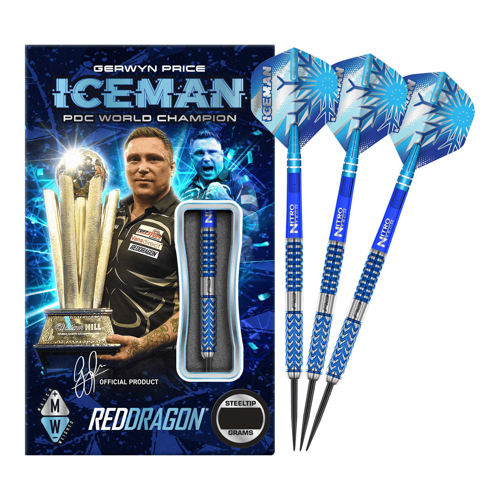 Red Dragon Gerwyn Price Glacier steel darts Das Bild zeigt das Produkt "Red Dragon Gerwyn Price Glacier Steeldarts" in einer auffälligen blauen Verpackung mit einem Bild von Gerwyn Price und einer Trophäe. Rechts daneben sind drei blaue Steeldarts mit dem Namen "ICEMAN" auf den Flights zu sehen.