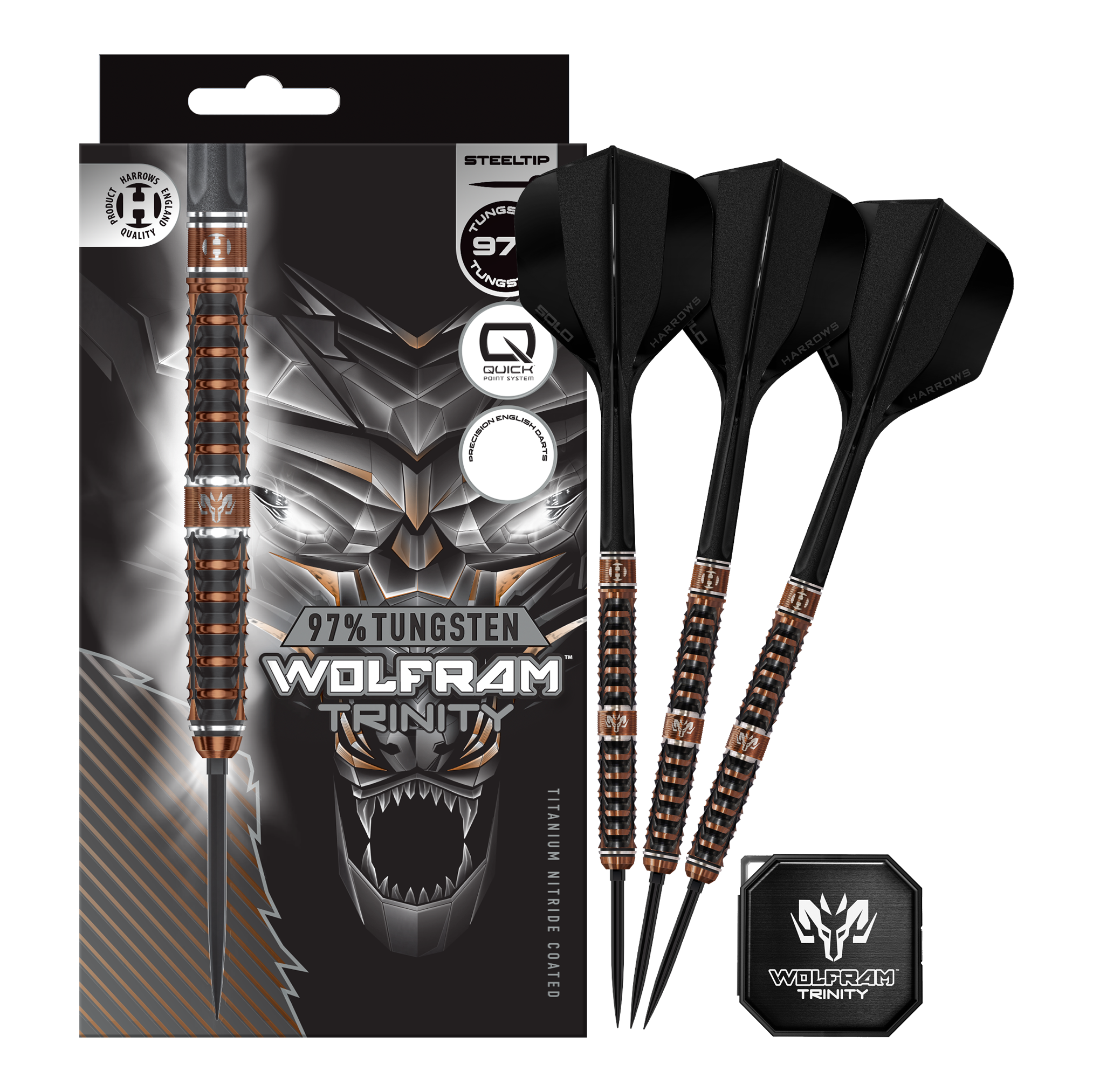 Hier sieht man die Harrows Wolfram Trinity Quick Point Steeldarts in voller Ansicht. Die Steeldarts zeichnen sich durch innovative Technik aus.