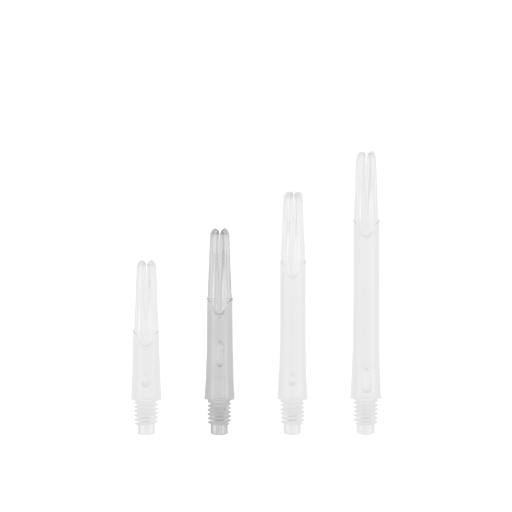 Das Bild zeigt vier transparente, gerade Kunststoffschäfte in unterschiedlichen Längen. Sie sind vermutlich Ersatzteile für Dartpfeile.