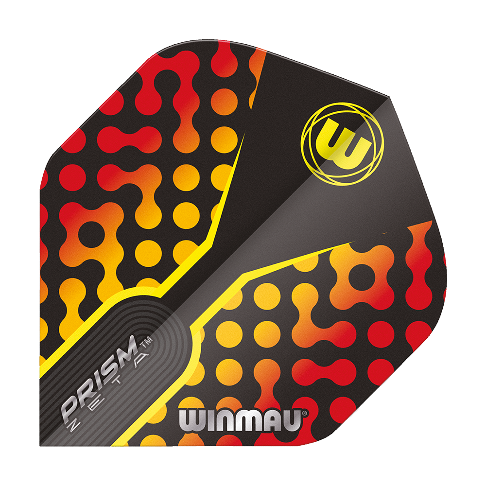 Das Bild zeigt das Produkt "Winmau Prism Zeta RedOrange Standard Flights". Das Design ist schwarz mit roten, gelben und orangefarbenen Punkten und Mustern.