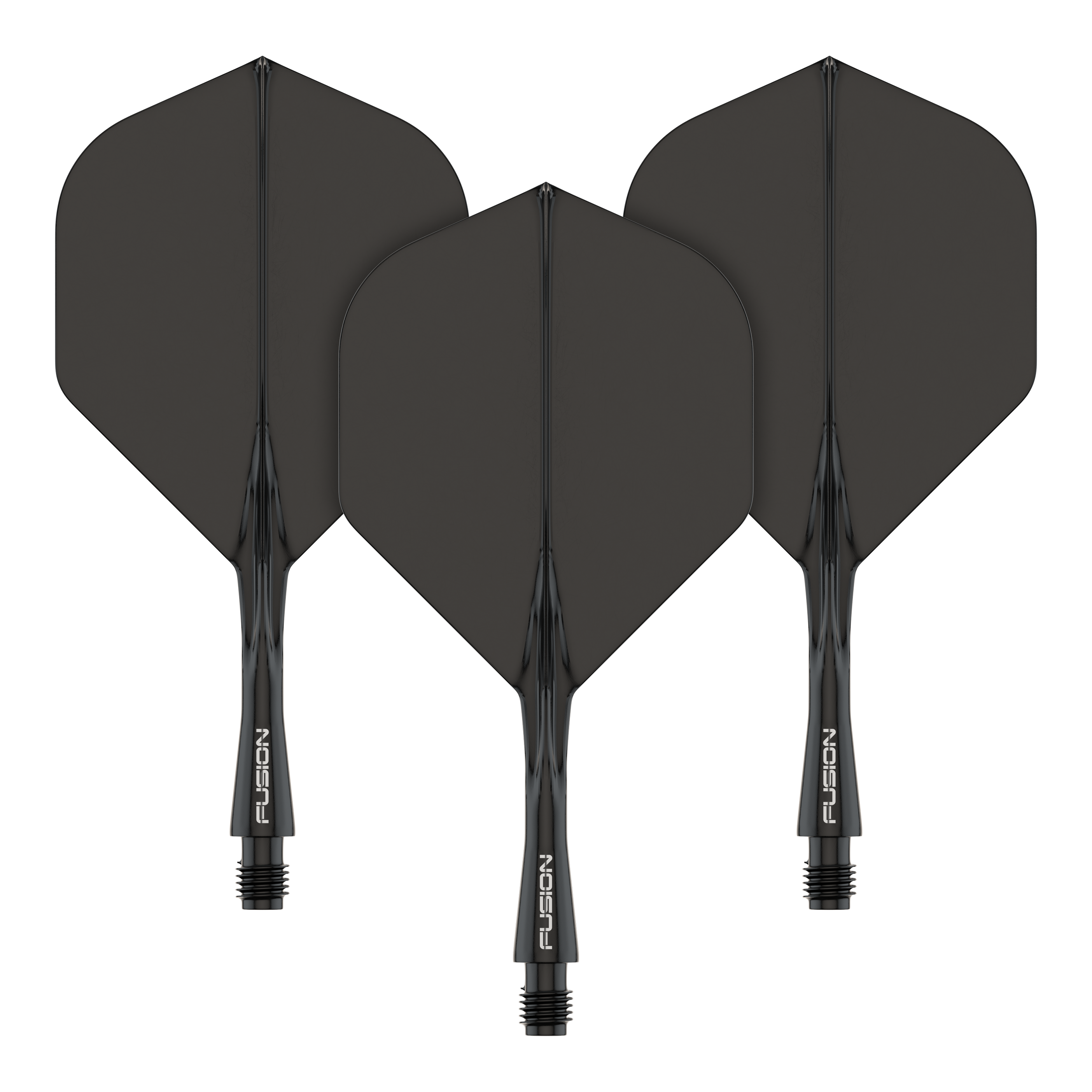 Winmau Fusion Flight Shaft System Standard Black Das Bild zeigt drei schwarze Dartflights mit integrierten Schäften. Auf den Schäften steht das Wort "FUSION" in weißer Schrift.