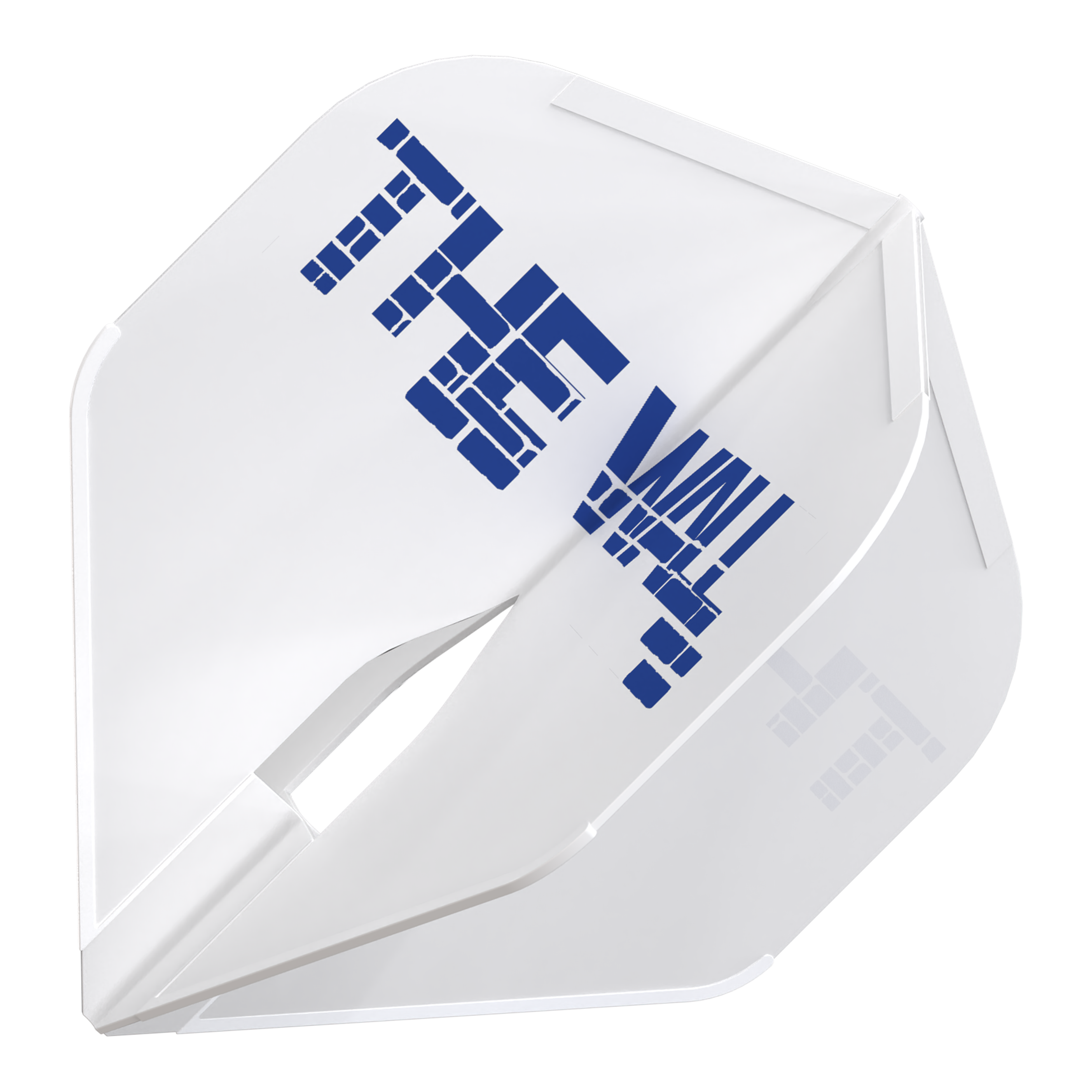 L-Style Martin Schindler White L1PRO Flights Das Bild zeigt einen weißen Dartflight mit der Aufschrift "THE WALL" in blauer Farbe. Es handelt sich um das Produkt "L-Style Martin Schindler Weiß L1PRO Flights".