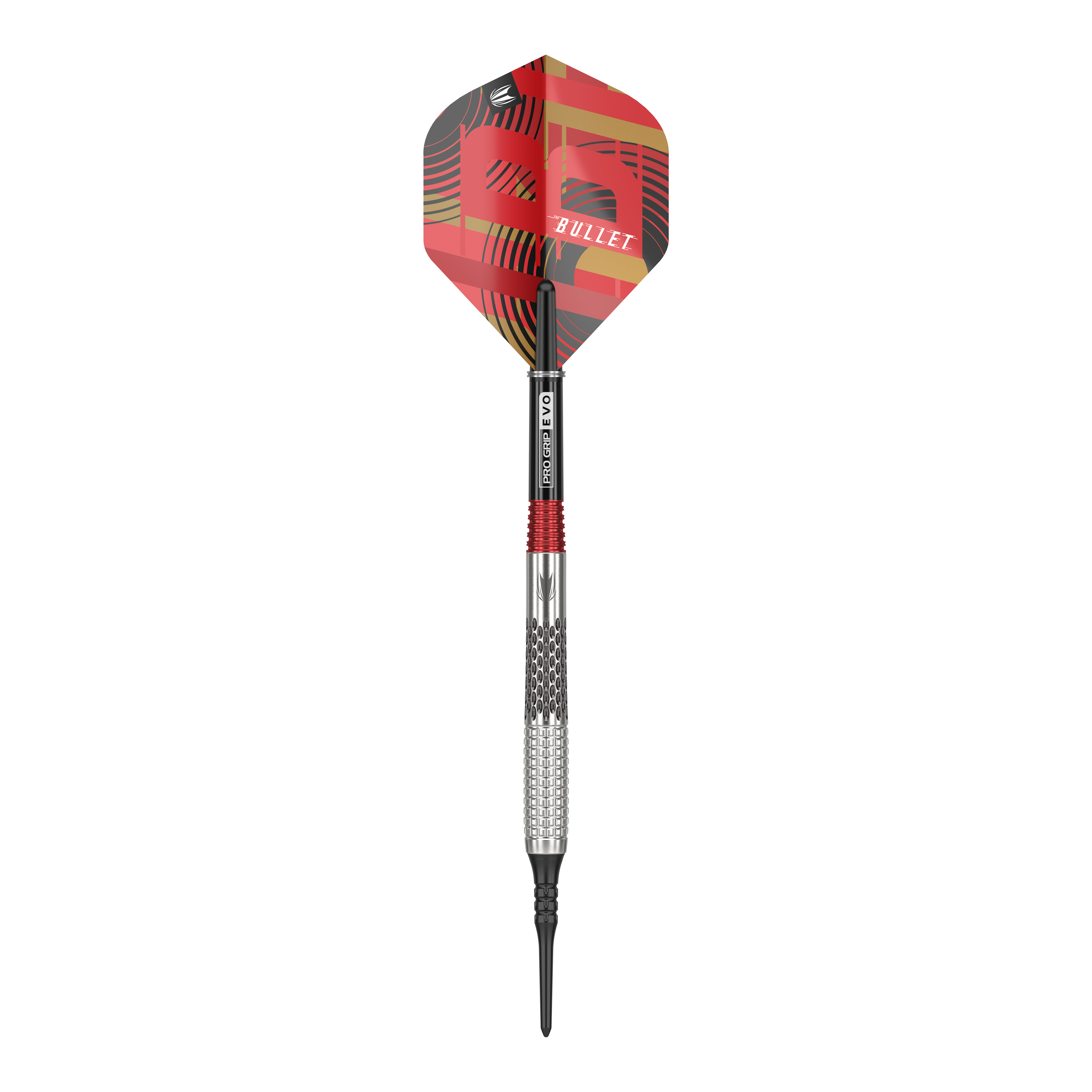 Target Stephen Bunting GEN5 Soft Darts - 18g Auf dem Bild ist ein Softdart der Marke Target Stephen Bunting GEN5 mit einem Gewicht von 18 Gramm zu sehen. Der Dart hat ein auffälliges, rot-schwarzes Design mit der Aufschrift "BULLET" auf dem Flight.