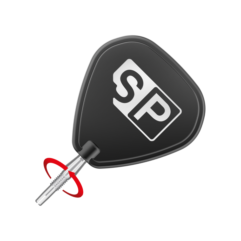 Target Swiss Storm Diamond Point Dart Tips - Silver Das Bild zeigt eine Dartspitze mit schwarzem SP-Werkzeug zum Einschrauben. Um die Spitze ist ein roter Pfeil zu sehen, der die Drehbewegung anzeigt.
