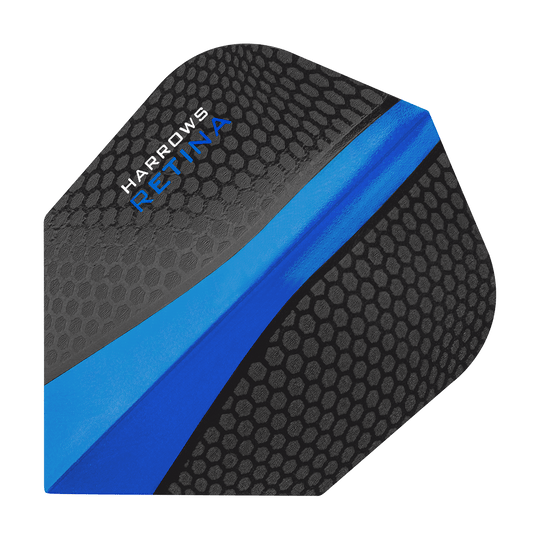 Dies ist ein Harrows Retina Blau No6 Flight für Dartpfeile. Er hat ein schwarzes Wabenmuster mit einem markanten blauen Streifen in der Mitte.
