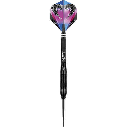 RD1383-RedDragon-Peter-Wright-Snakebite-3-Black-Player-Darts-1HKKOkNC7ssAbS Das Bild zeigt einen schwarzen Steeldart mit der Aufschrift "NITRO TECH" auf dem Schaft. Auf dem Dartflight sind zwei Schlangenköpfe abgebildet.