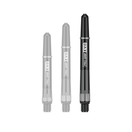 Auf dem Bild sind drei schwarze Dartschäfte in unterschiedlichen Längen zu sehen. Sie tragen die Aufschrift "PRO GRIP EVO" und sind aus Titan gefertigt.
