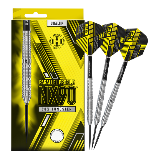 Abgebildet sind die Harrows NX90 Parallel Quick Point Steeldarts. Diese Darts sind bekannt für ihre Präzision und ihr paralleles Barrel.