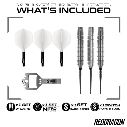 Zu sehen sind die Red Dragon Luke Humphries TX1 Pioneer Switch Point Steeldarts. Das Produkt eignet sich für professionelle Dartspieler.