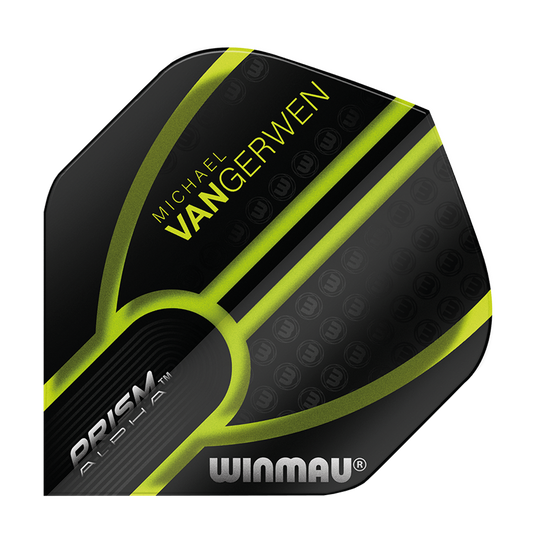 6915-143_Winmau_Prism_Alpha_MvG_Black_Green_V1_Standard_Flights_1 Das Bild zeigt ein Dartflight mit schwarzem und grünem Design. Auf dem Flight stehen die Namen "Michael van Gerwen" und "Winmau".