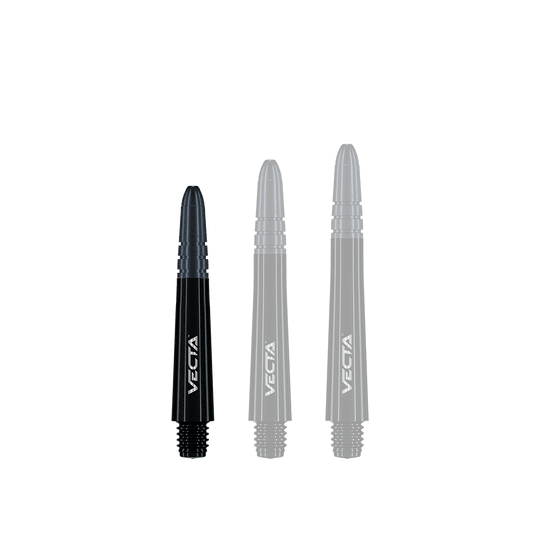 7025-101_Winmau_Vecta_Shafts_Schwarz_34mm_1 Auf dem Bild sind drei schwarze Dartschäfte in unterschiedlichen Längen zu sehen. Auf jedem Schaft steht das Wort "VECTA" in weißer Schrift.
