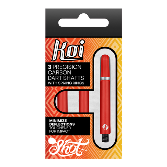 Shot Koi Carbon Shafts - Red Die Verpackung zeigt drei präzise Koi Carbon-Dartschäfte in Rot. Sie sind für minimale Ablenkung und hohe Schlagfestigkeit ausgelegt.