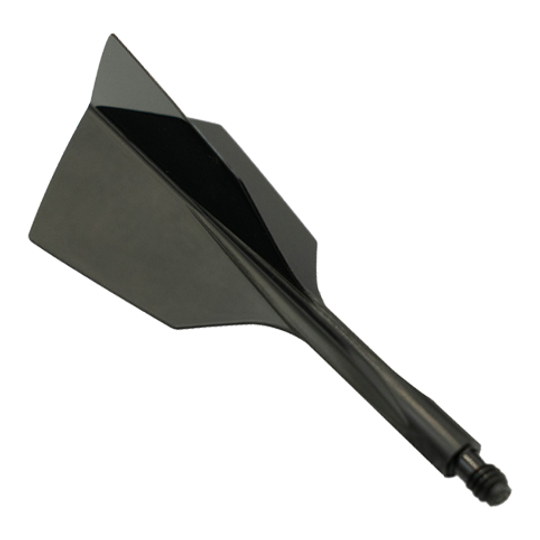 Das Bild zeigt das Produkt "Condor Axe 120 Flight-System Black - Narrow". Es handelt sich um einen schwarzen, schmalen Dartflight mit integriertem Schaft.