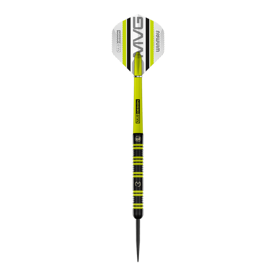 Winmau Michael Van Gerwen 85 Pro-Series steel darts Ein einzelner Winmau Michael Van Gerwen 85 Pro-Series Steeldart wird gezeigt. Der Schaft und die Spitze sind klar erkennbar.