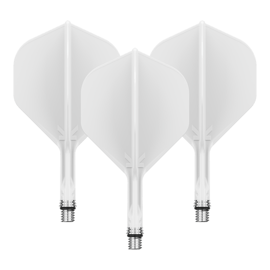 Target K-Shift No2 Standard Flights - White Dieses Bild zeigt ein Set aus weißen Dart Flights. Die Flights scheinen die Größe 19 mm zu haben.
