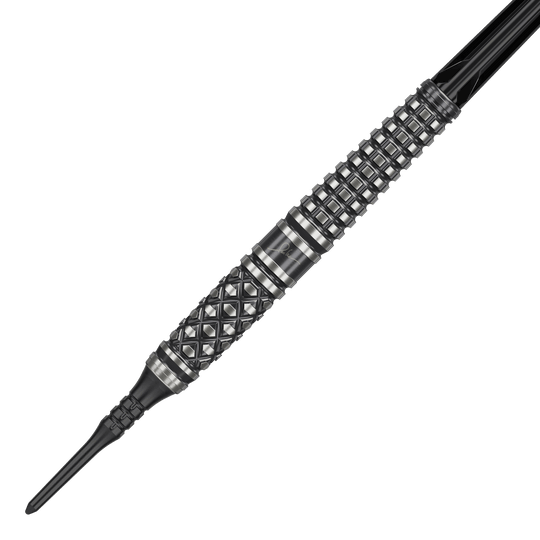 Target Japan Paul Lim The Legend GEN8 Soft Darts - 19g Das Bild zeigt einen "Target Japan Paul Lim The Legend GEN8 Softdart" mit 19g Gewicht. Der Dart hat ein markantes, schwarzes Design mit silbernen Rillen und einem strukturierten Griff.