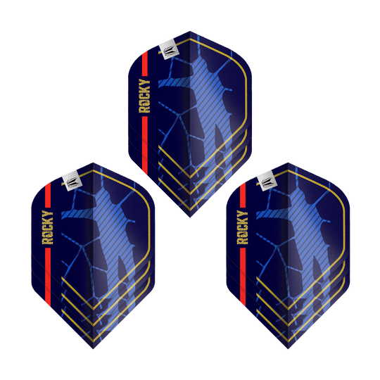 Target Pro Ultra Josh Rock GEN1 No2 Standard Flights - 3 Sets Das Bild zeigt drei Sätze der Target Pro Ultra Josh Rock GEN1 No2 Standard Flights. Die Flights sind dunkelblau mit goldenen, roten und blauen Akzenten sowie dem Schriftzug "ROCKY".