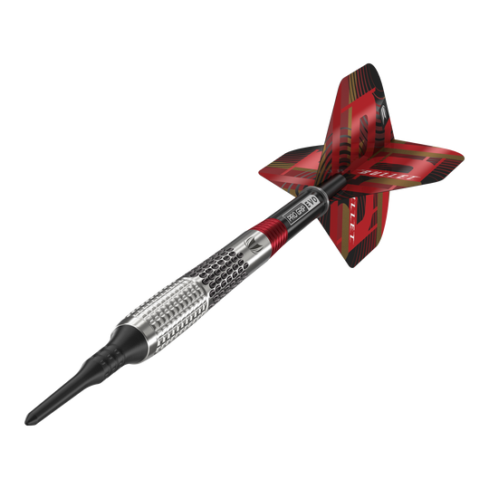 Target Stephen Bunting GEN5 Soft Darts - 18g Das Bild zeigt einen Target Stephen Bunting GEN5 Softdart mit einem Gewicht von 18g. Der Dartpfeil hat ein silbernes Griffstück mit roten und schwarzen Akzenten sowie einer auffälligen roten Flights.