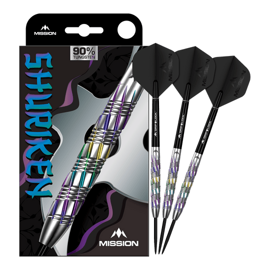 Mission Shuriken Steel Darts Mission Shuriken Steeldarts sind professionelle Steeldarts. Das Bild zeigt das vollständige Set der Mission Shuriken Steeldarts.